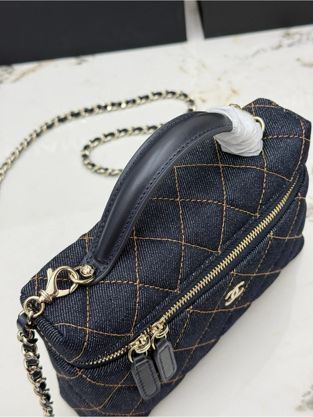 CHANEL Navy Quilted Denim Vanity Crossbody with Gold Hardware